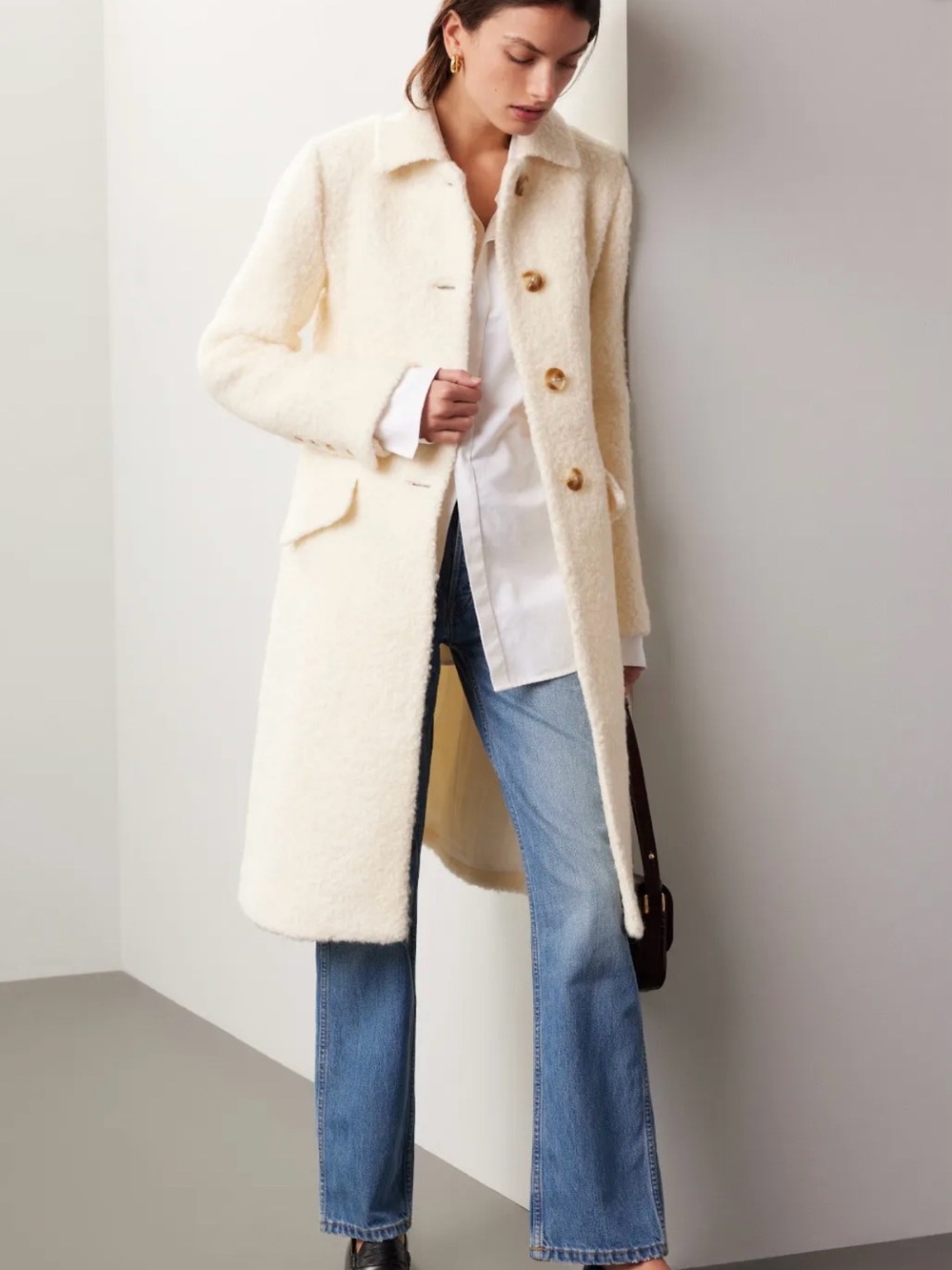 Cream Long Wool-Blend Coat with Button Closure - Women